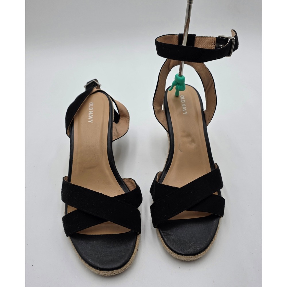 Old Navy Black Suede Espadrille Wedge Sandals Ankle Strap Women‎ Size 9.5